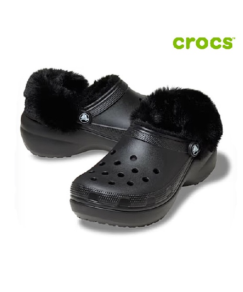 [크록스] 클래식 플랫폼 라인드 퍼즈 스트랩 클로그 여성 털샌들 212854-001 W5